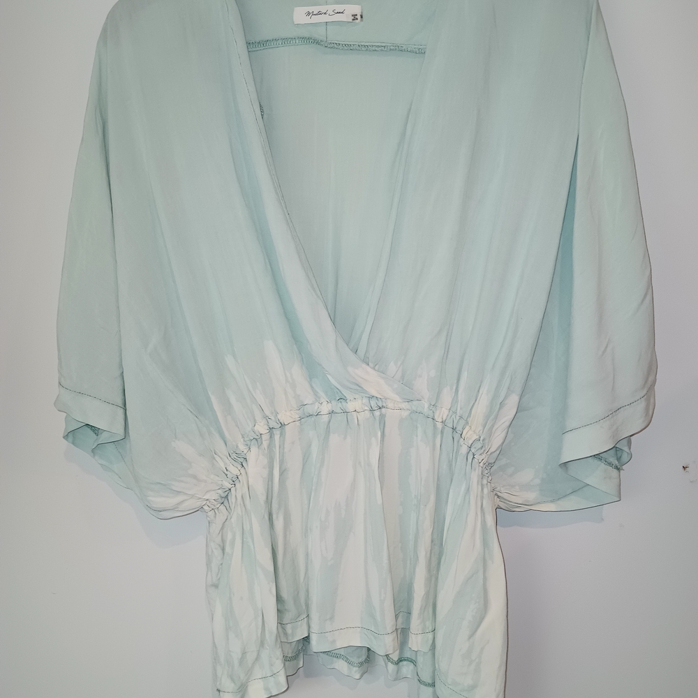 Mustard Seed Sky Blue and White V-Neck Blouse